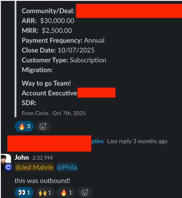 Circle $30K ARR closed-deal notification shared internally